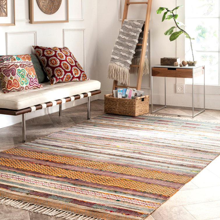 Bungalow Rose Rivero Striped Handmade Flatweave Cotton Brown Area Rug